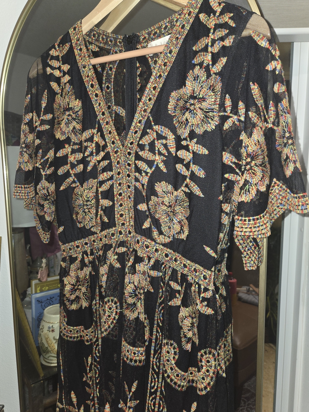 Altard State Black Sheer Mesh Rainbow Floral Embroidered Maxi Dress Boho Artsy M